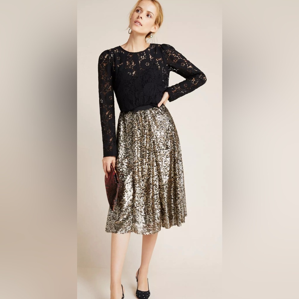 Anthropologie Gold Sequin Midi Skirt